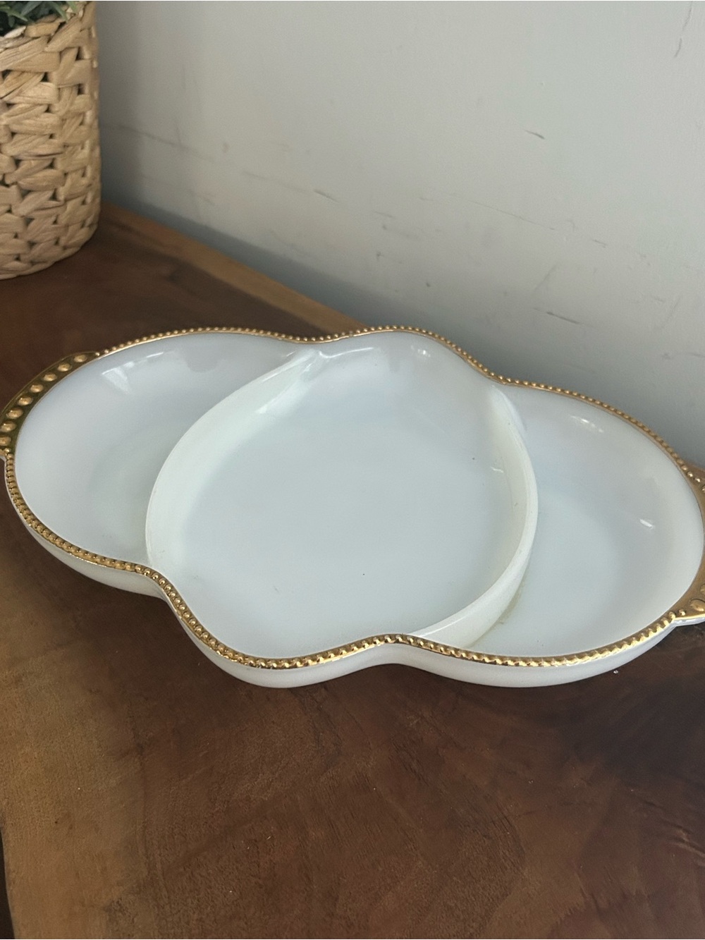 Vintage Fire-King milk glass divided relish tray with a gold rim. mint